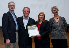 Bea Perez and Jeff Seabright of The Coca-Cola Company receive the WWF Gold Panda Award: from Jim Leape, WWF International Director General, and Yolanda Kakabadse, WWF International President. © WWF-Canon / Richard Stonehouse